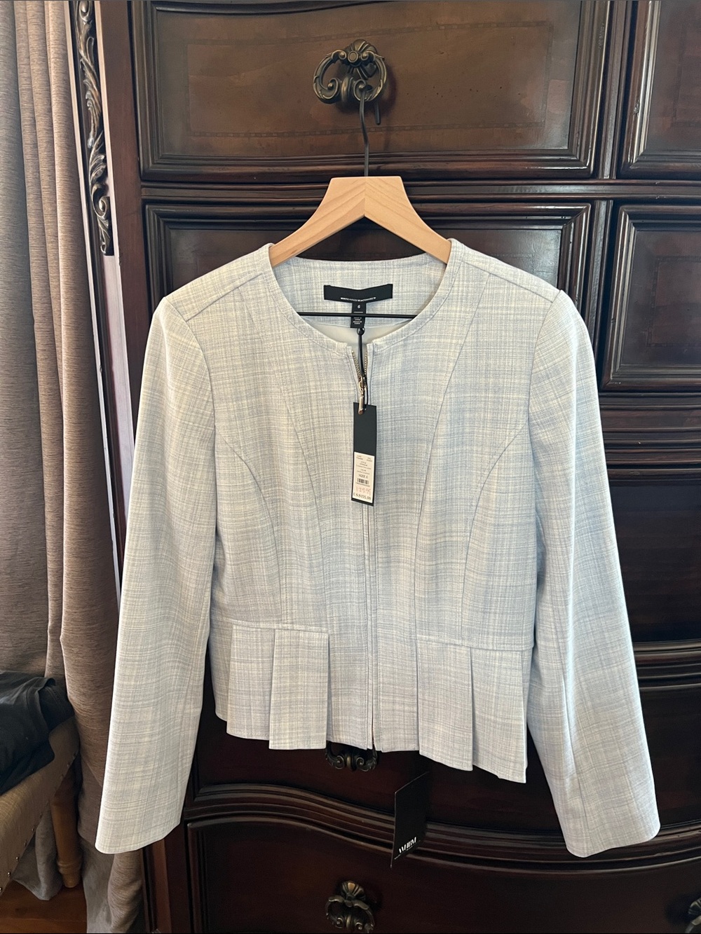 White House Black Market Light bluish Collarless Pleated Hem Jacket